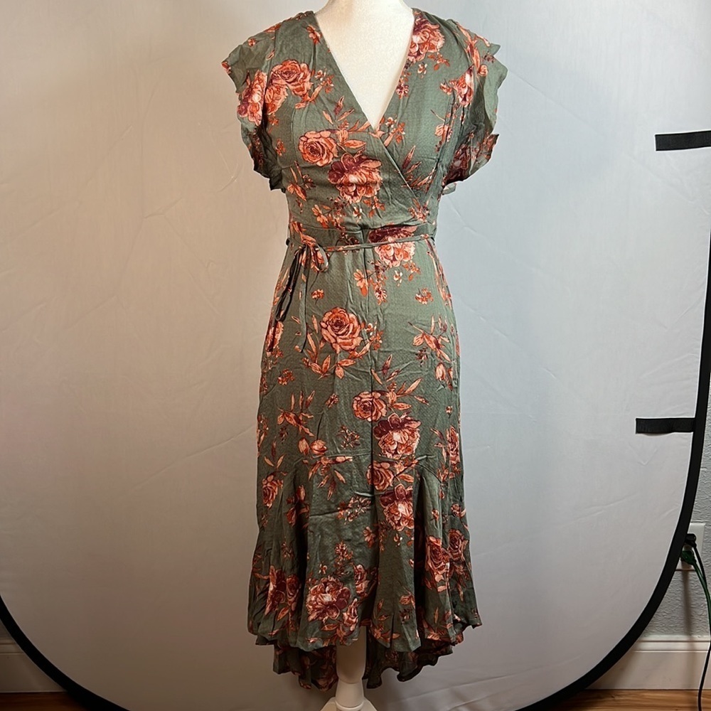Altar'd State Floral Hi Low Wrap  Midi Dress Green Ruffle Tie Waist Small